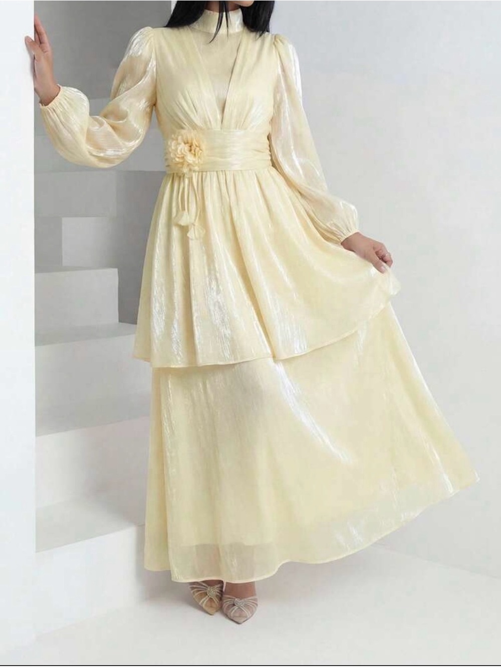 Ivory Floral-Waist Layered Maxi Dress